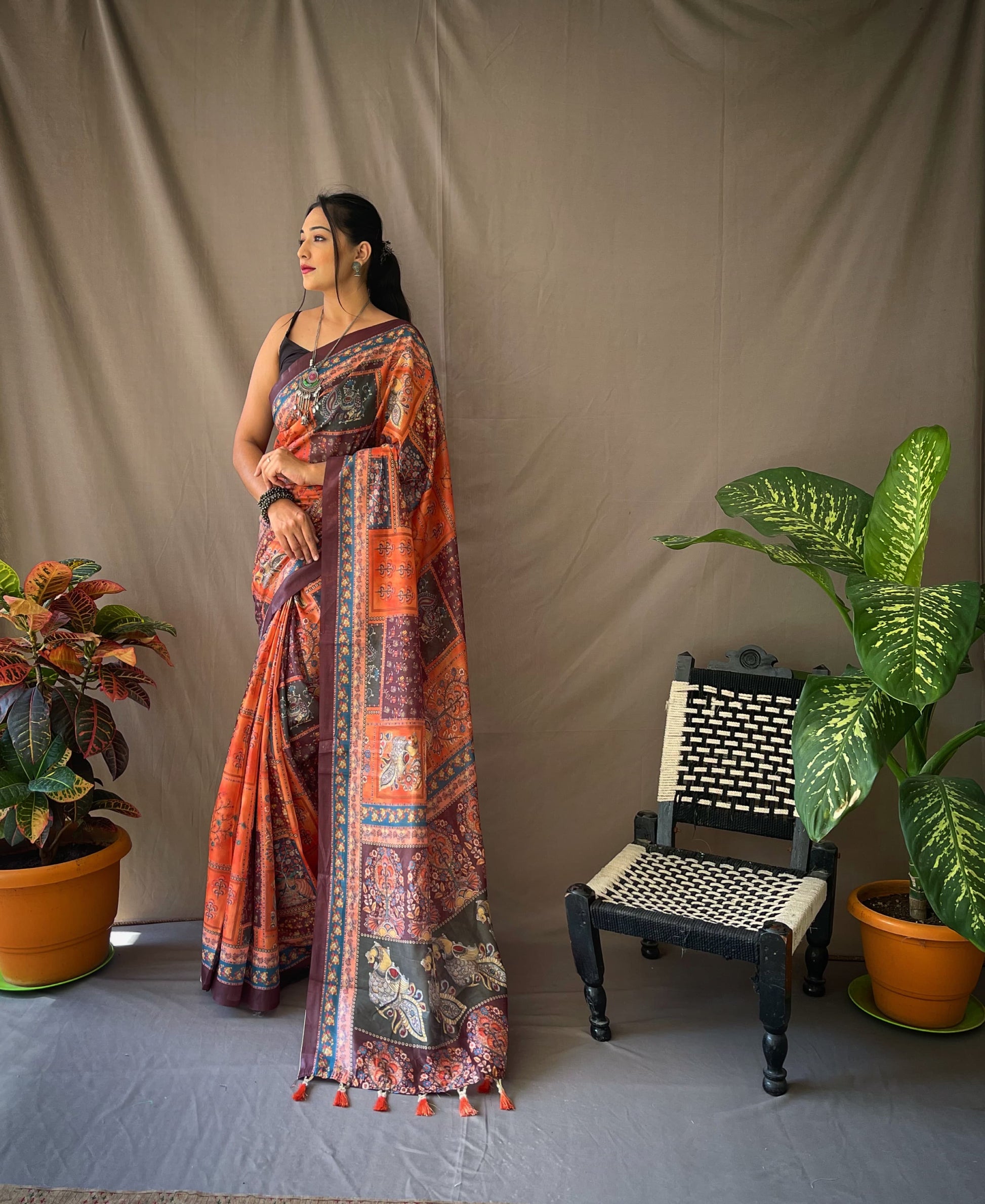 Good Looking Multi Print Orange Color Saree