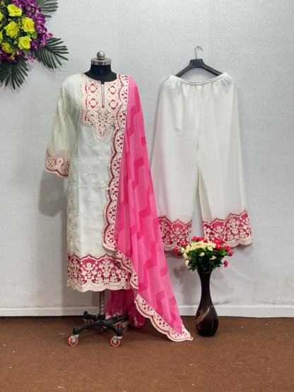 Trendy White And Pink Color  Work Palazzo Suit