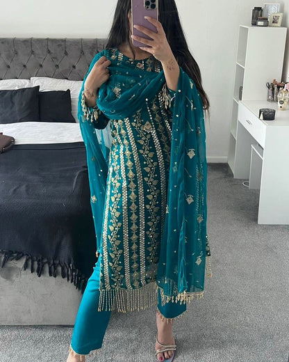 Decent Embroidered Work Teal Blue Color Salwar Suit