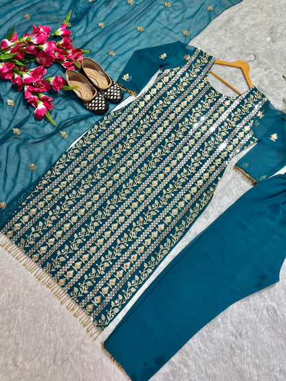Decent Embroidered Work Teal Blue Color Salwar Suit