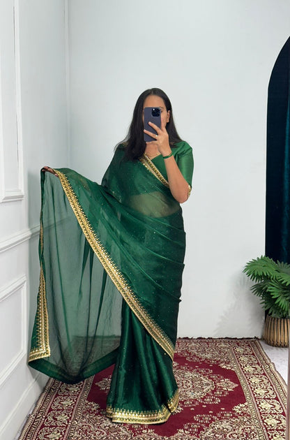 Terrific Embroidery Lace Work Green Color Saree