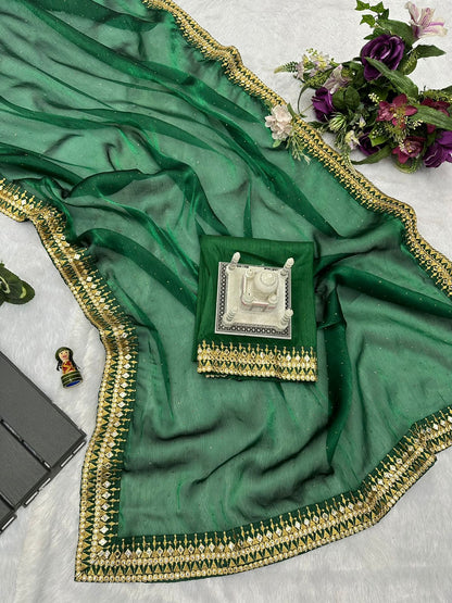 Terrific Embroidery Lace Work Green Color Saree
