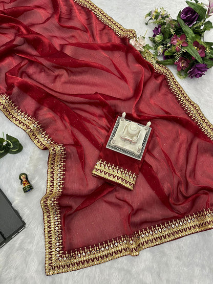 Terrific Embroidery Lace Work Red Color Saree