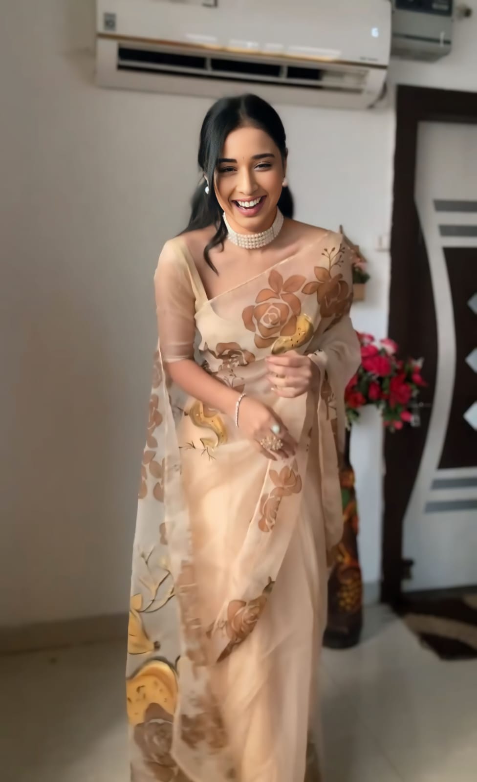 Beige Color Ready To Wear Organza Saree