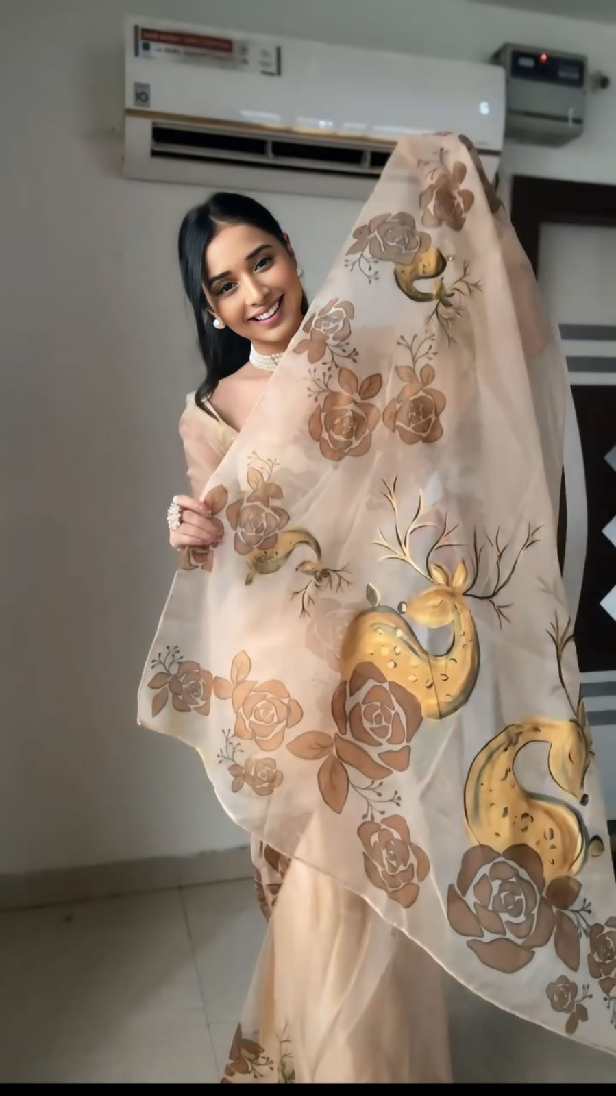 Beige Color Ready To Wear Organza Saree