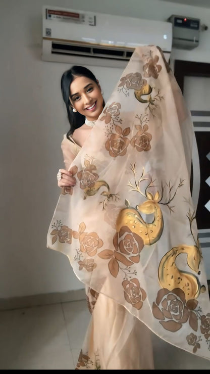 Beige Color Ready To Wear Organza Saree
