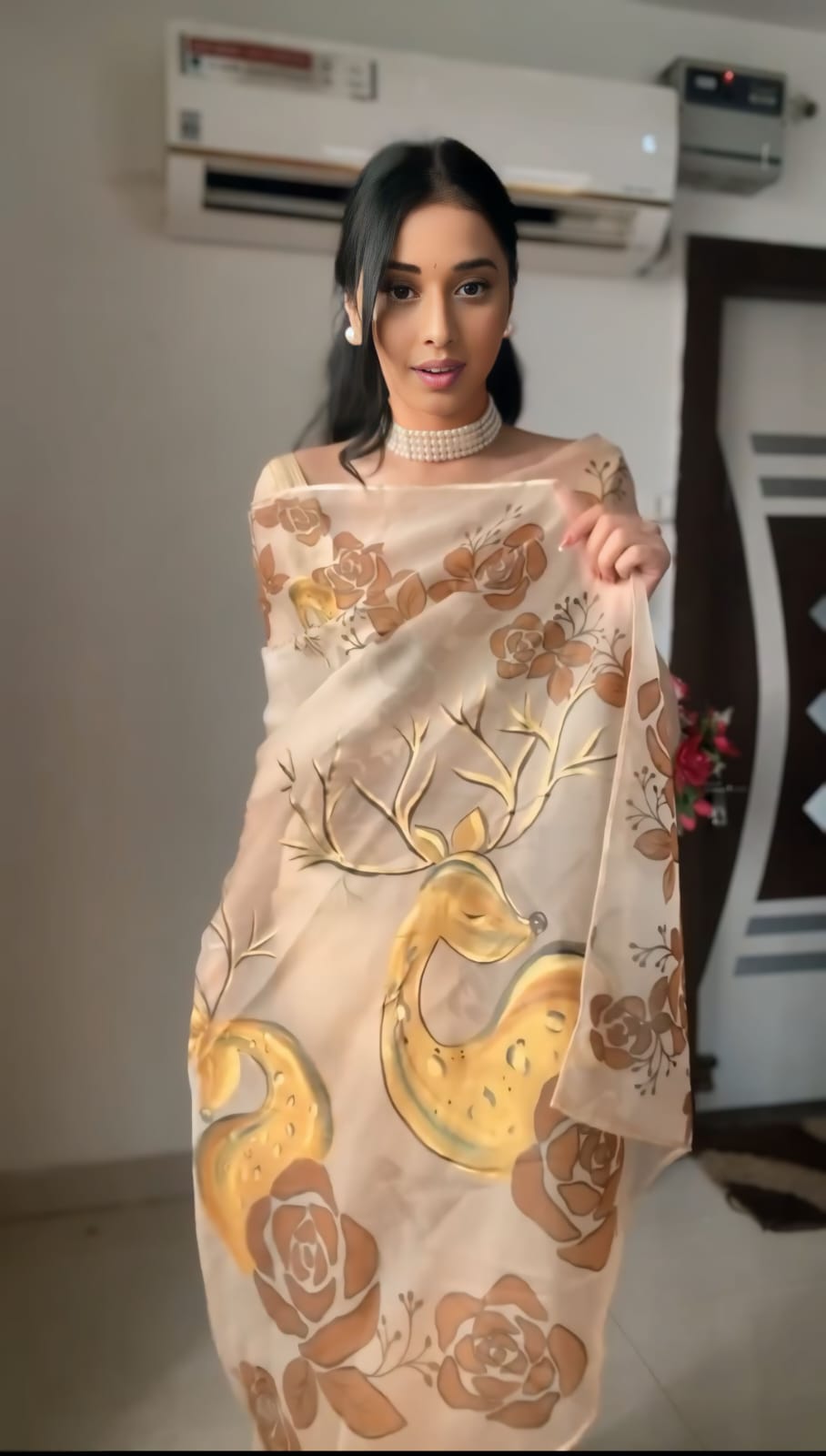 Beige Color Ready To Wear Organza Saree
