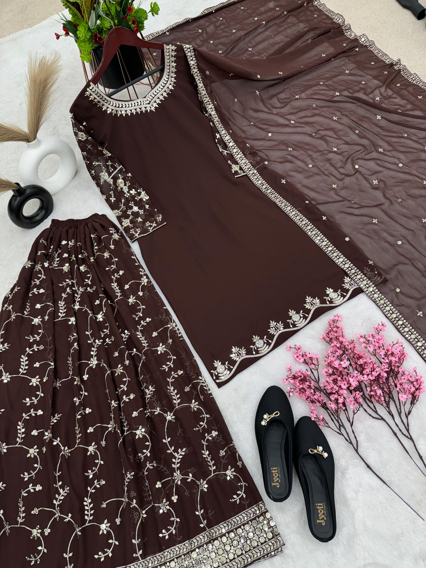 Imposing Embroidery Work Brown Sharara Suit