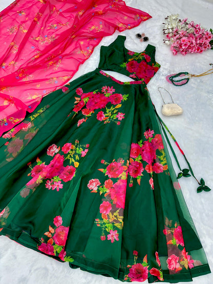 Flower Print Organza Silk Green Lehenga Choli