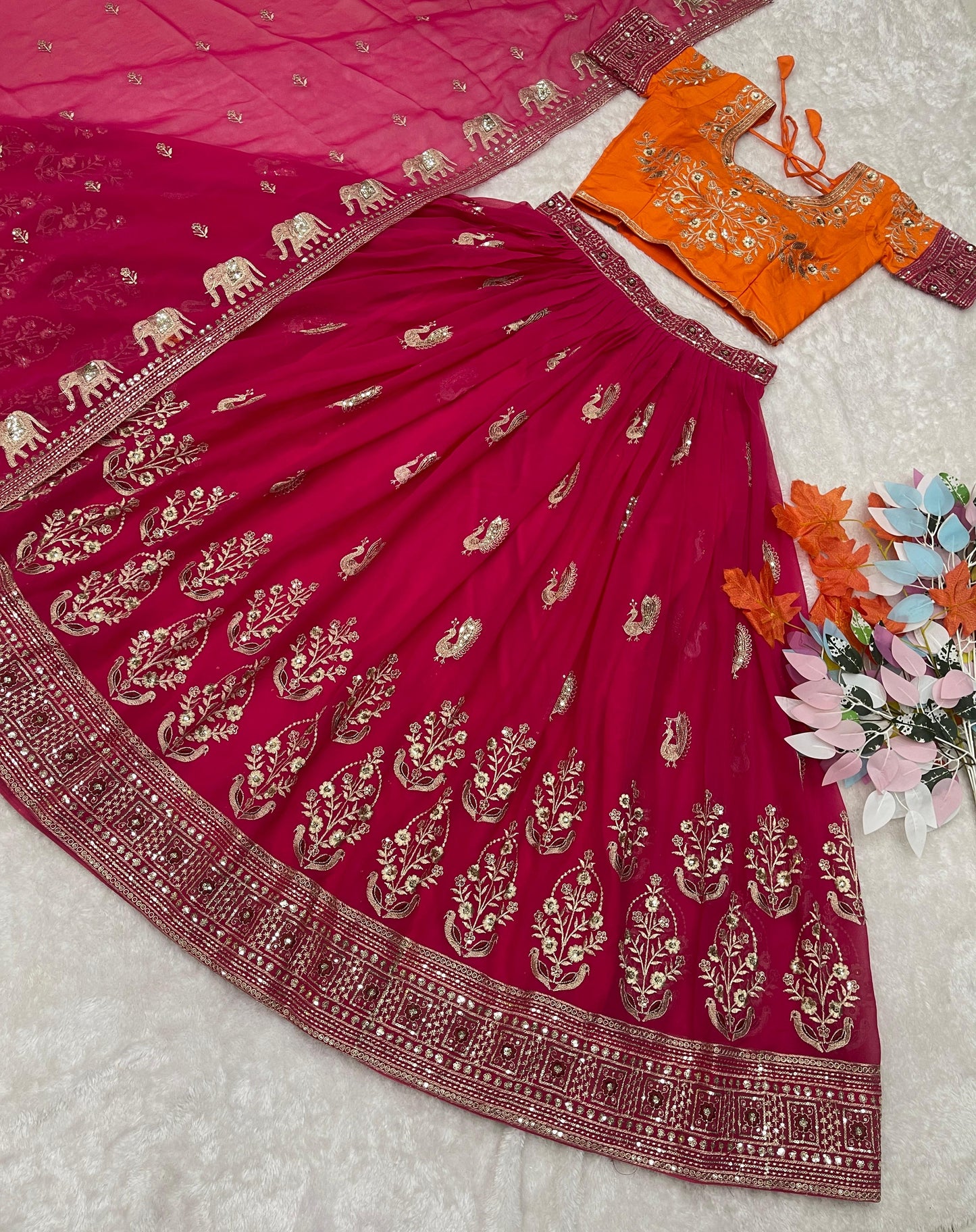 Exclusive Work Orange And Pink Color Lehenga Choli