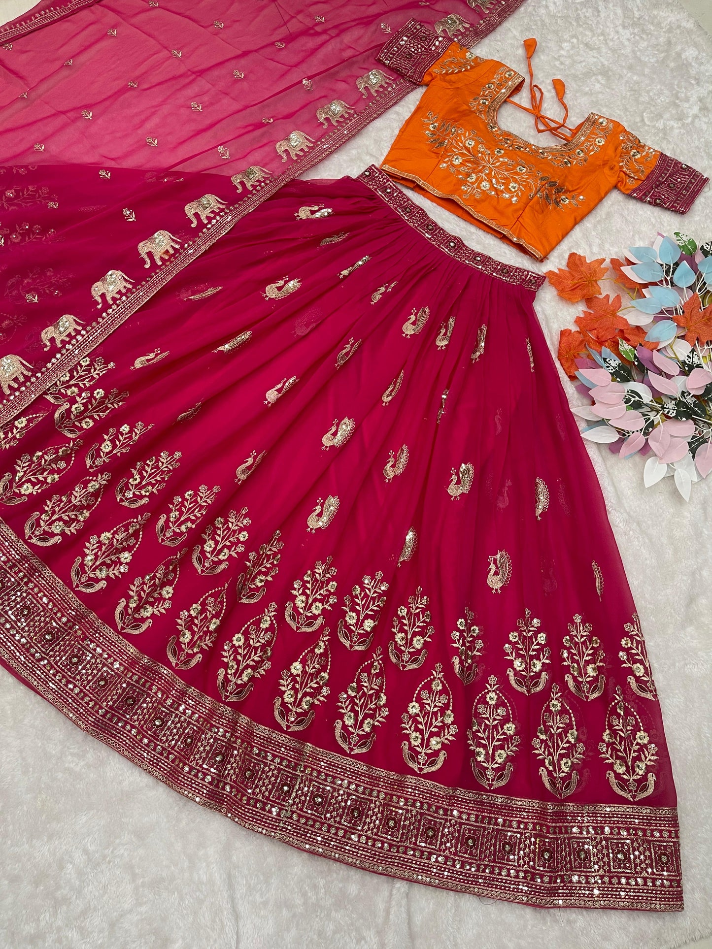 Exclusive Work Orange And Pink Color Lehenga Choli