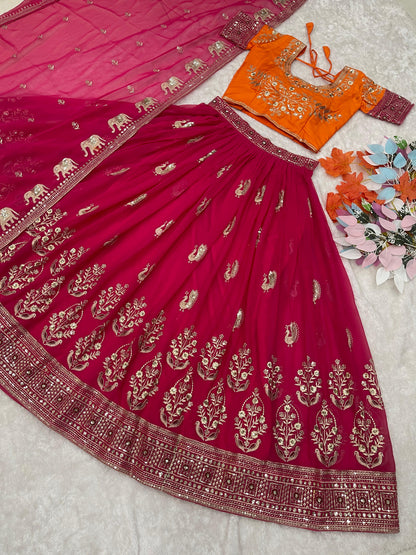 Exclusive Work Orange And Pink Color Lehenga Choli
