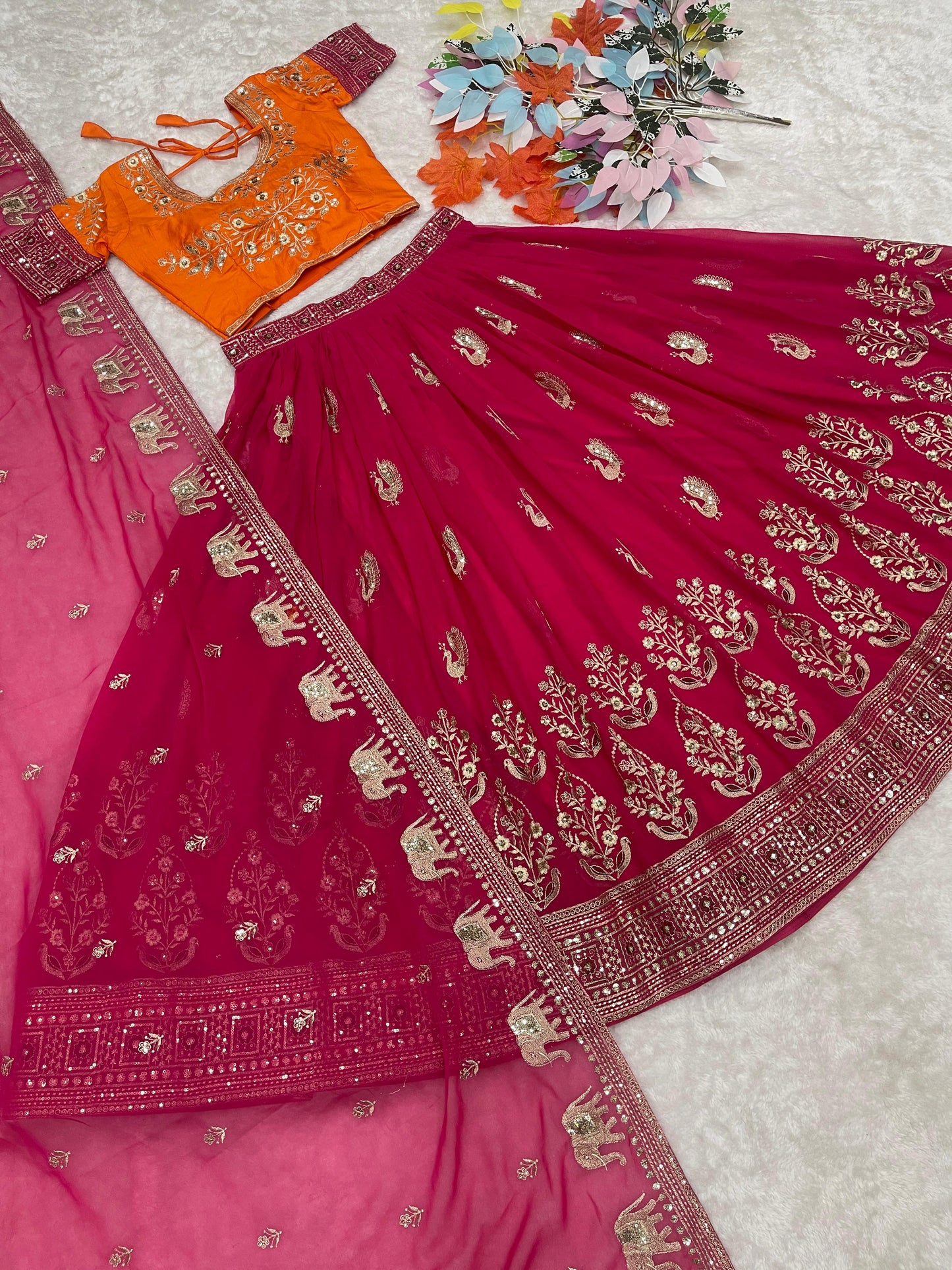 Exclusive Work Orange And Pink Color Lehenga Choli