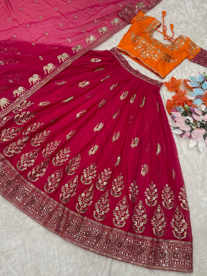 Exclusive Work Orange And Pink Color Lehenga Choli