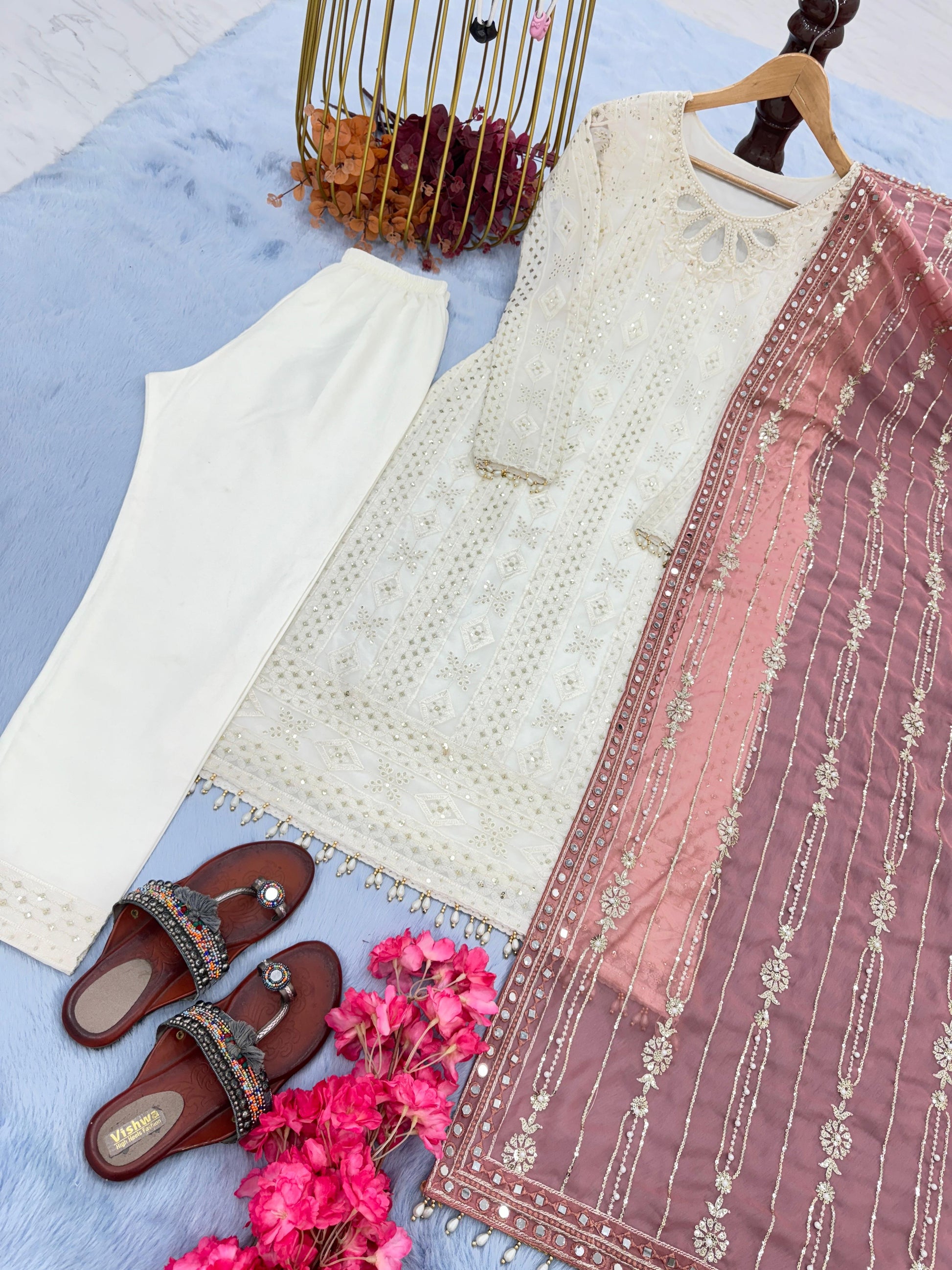 Glorious White Color Salwar Suit Peach Dupatta