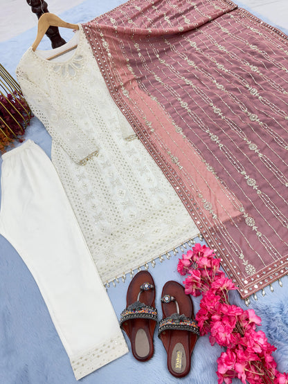 Glorious White Color Salwar Suit Peach Dupatta