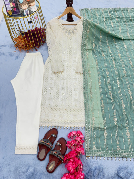 Glorious White Color Salwar Suit Green Dupatta
