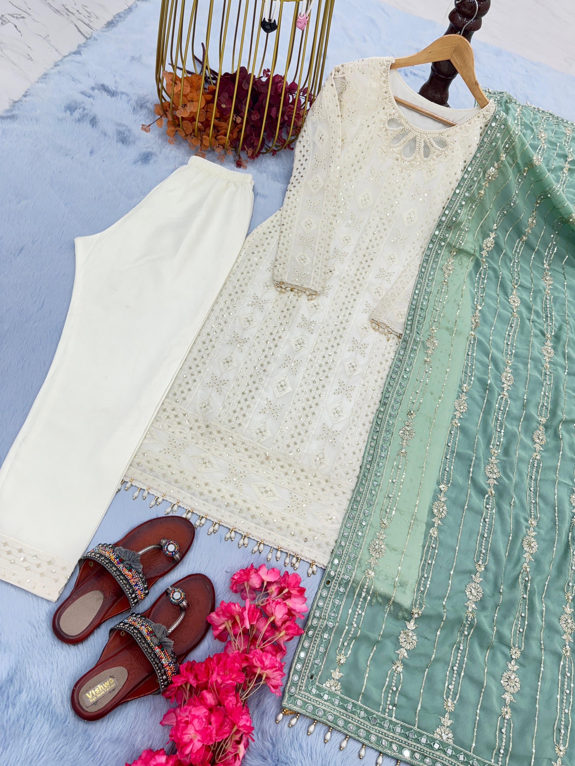 Glorious White Color Salwar Suit Green Dupatta