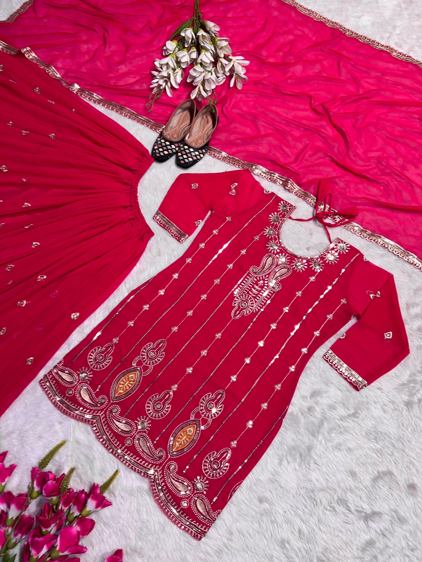 Exclusive Pink Color Embroidery Work Palazzo Suit