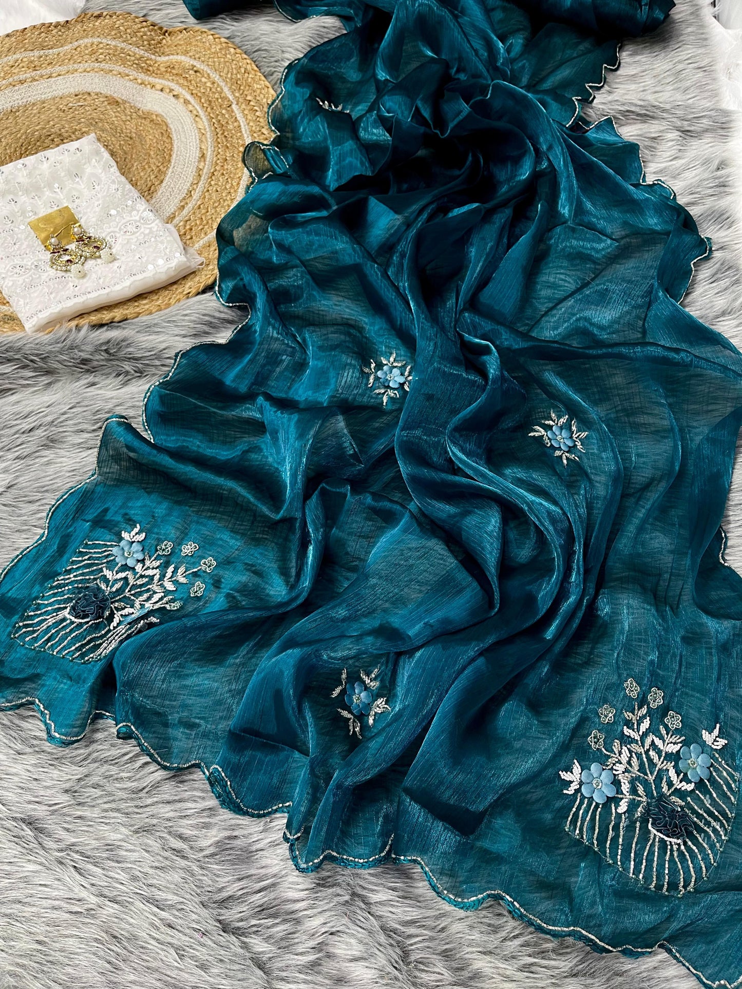 Captivating Hand Khatli Work Teal Blue Saree