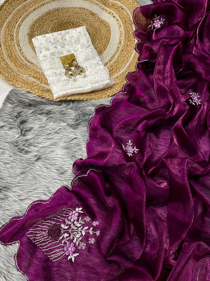 Captivating Hand Khatli Work Wine Saree