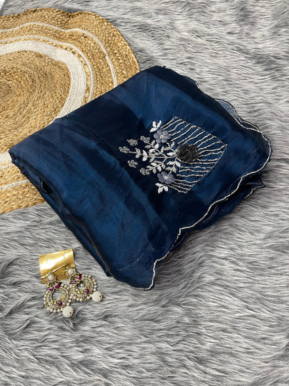 Captivating Hand Khatli Work Navy Blue Saree