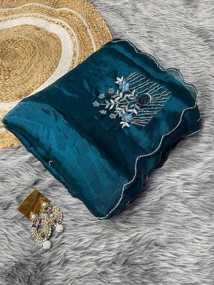 Captivating Hand Khatli Work Teal Blue Saree