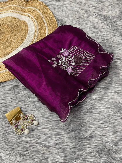 Captivating Hand Khatli Work Wine Saree