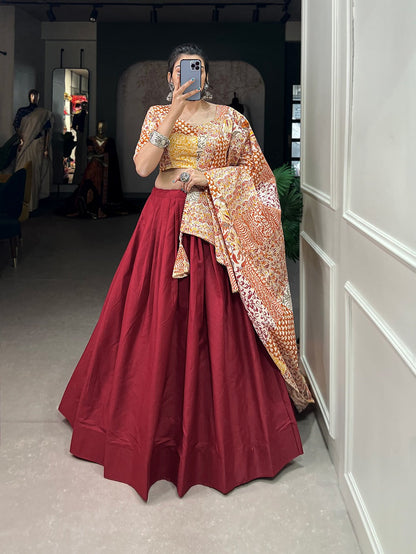 Decent Printed Blouse And Dupatta With Maroon Lehenga