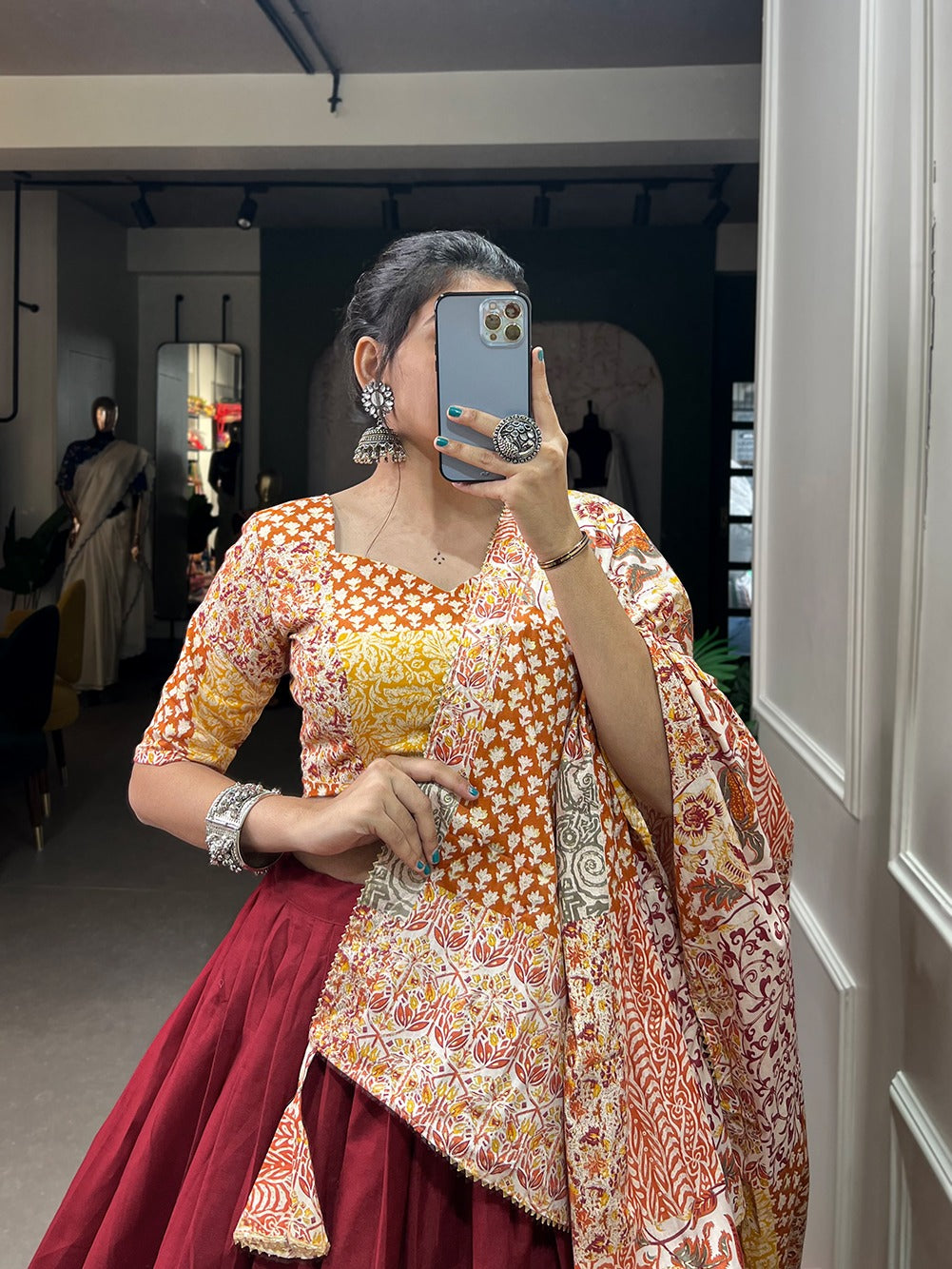 Decent Printed Blouse And Dupatta With Maroon Lehenga