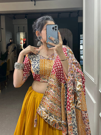 Decent Printed Blouse And Dupatta With Yellow Lehenga