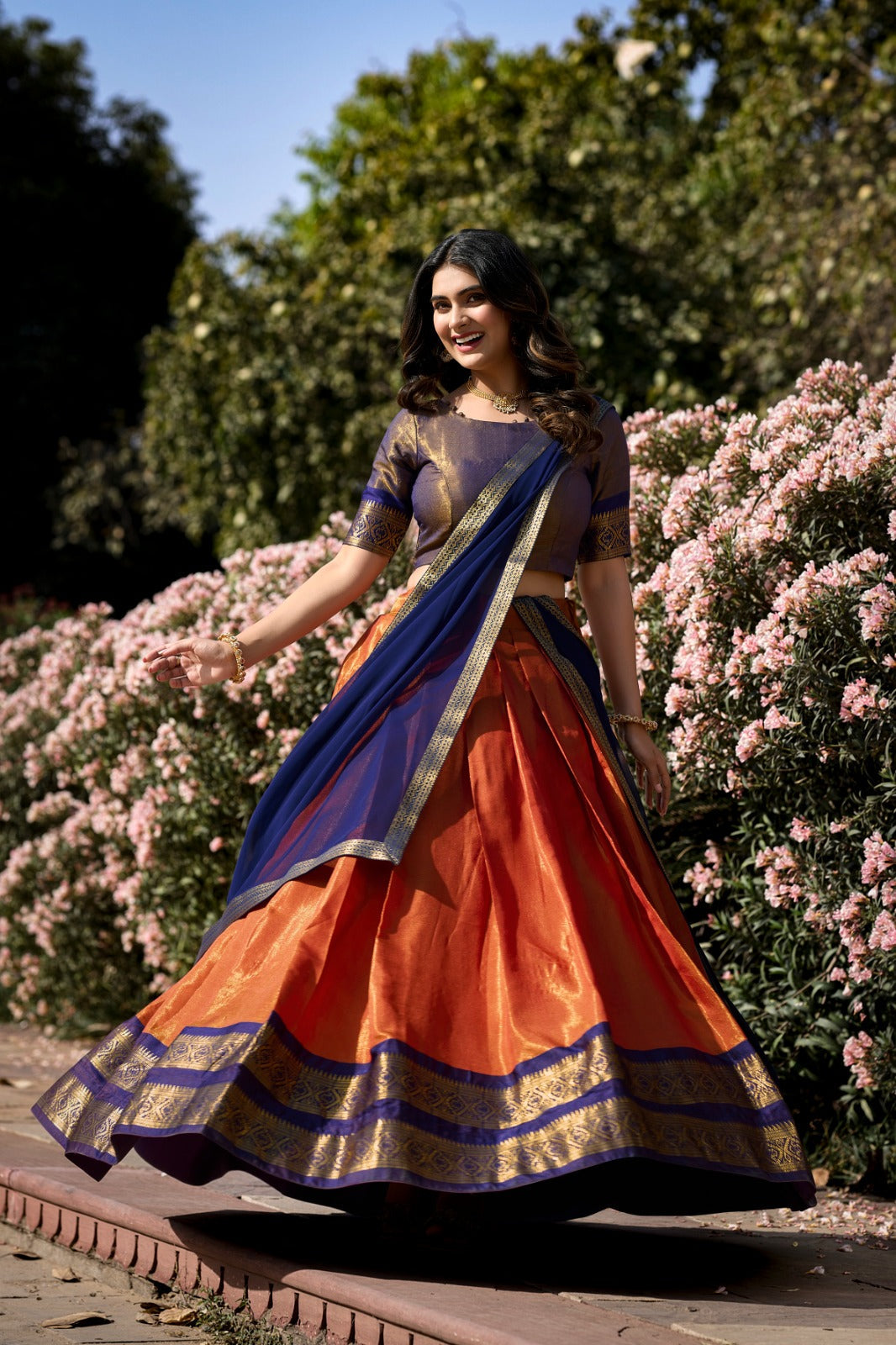 Embellished Zari Weaving Work Orange  Color Lehenga Choli