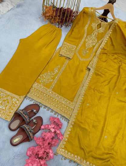 Beautiful Embroidery Sequence Work Yellow Color Anarkali Suit