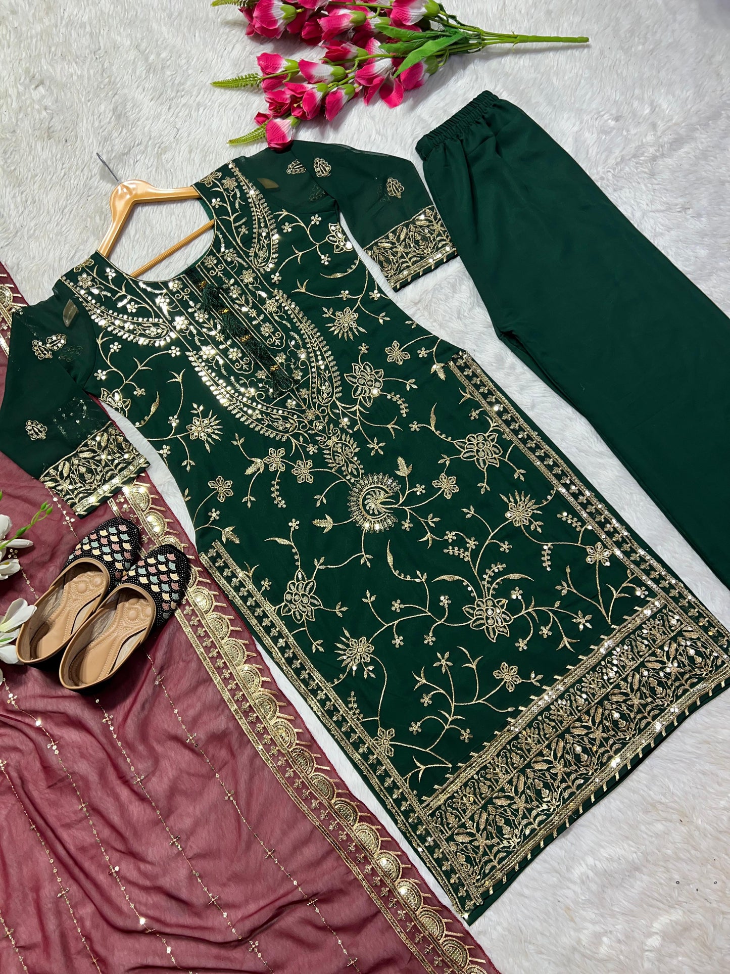 Green Color  Palazzo Suit With Maroon Dupatta