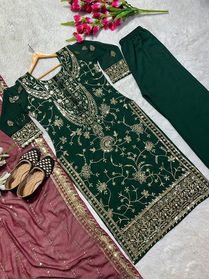 Green Color  Palazzo Suit With Maroon Dupatta