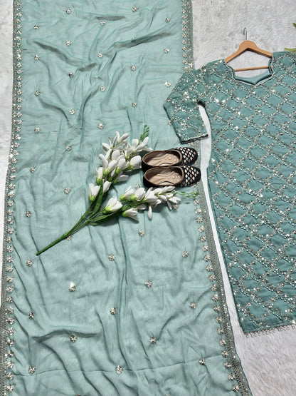 Glorious Sky Blue Color Full Embroidery Work Salwar Suit
