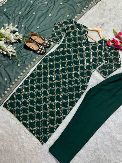 GloriousDark Green Color Full Embroidery Work Salwar Suit
