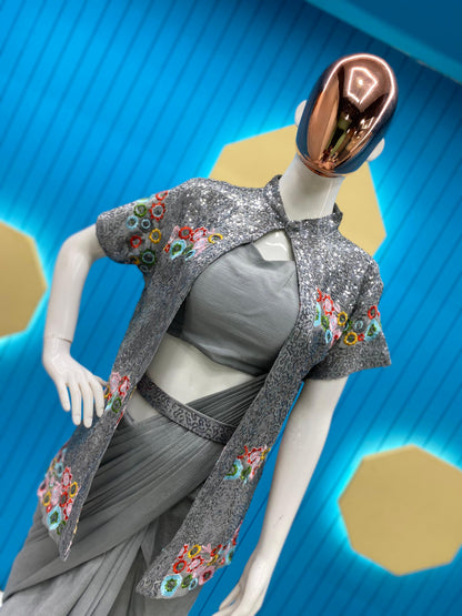 Gray Ready To Wear Saree With Full Work Jacket