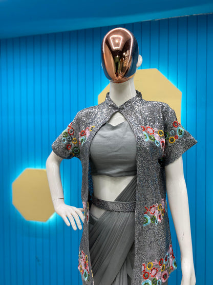 Gray Ready To Wear Saree With Full Work Jacket