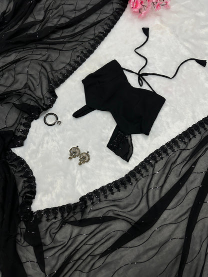 Black Color Sequence Work With Border Saree