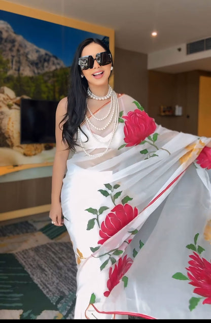 Beautiful White Color Rose Design Raday To Wear Saree