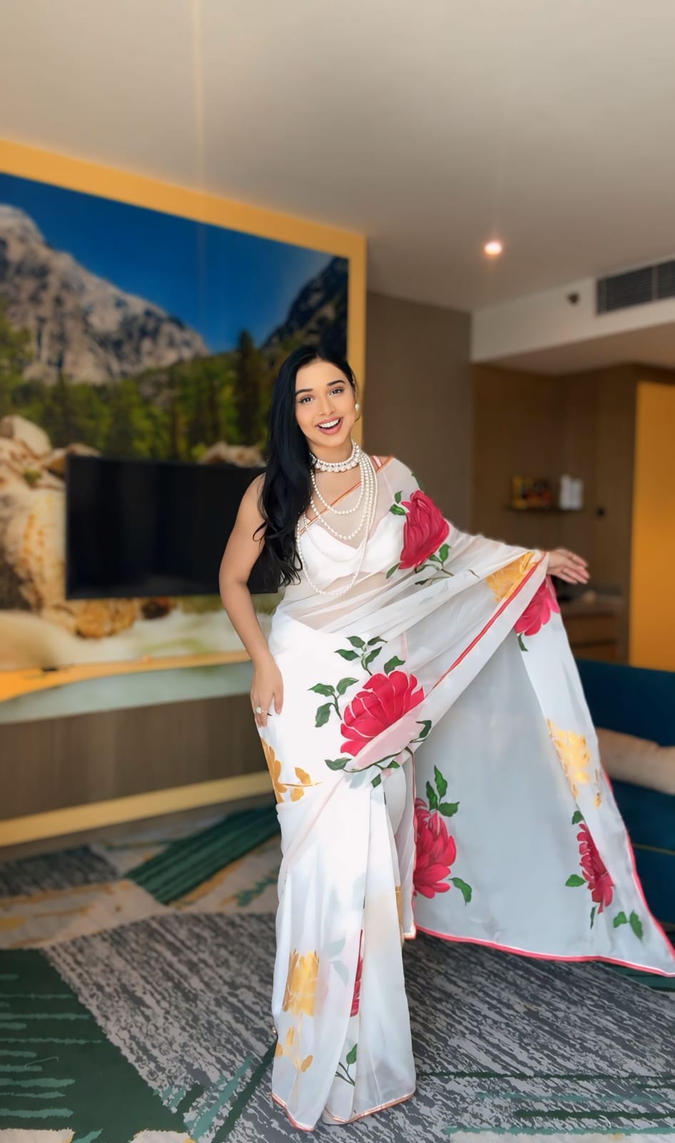 Beautiful White Color Rose Design Raday To Wear Saree