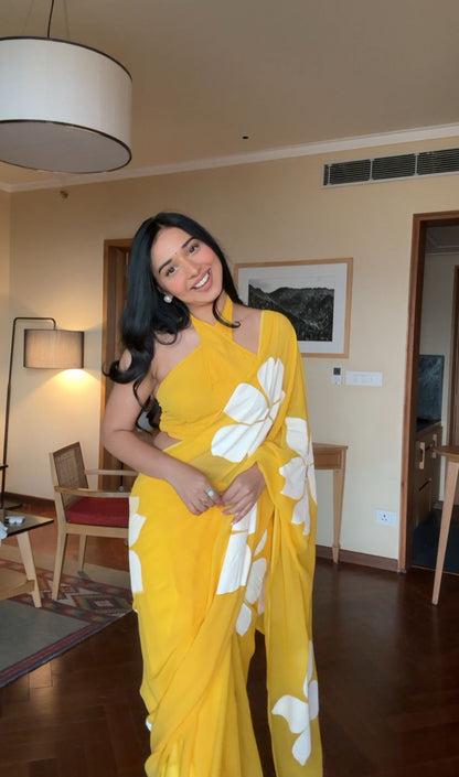Flower Print Ready To Wear Yellow Color Saree