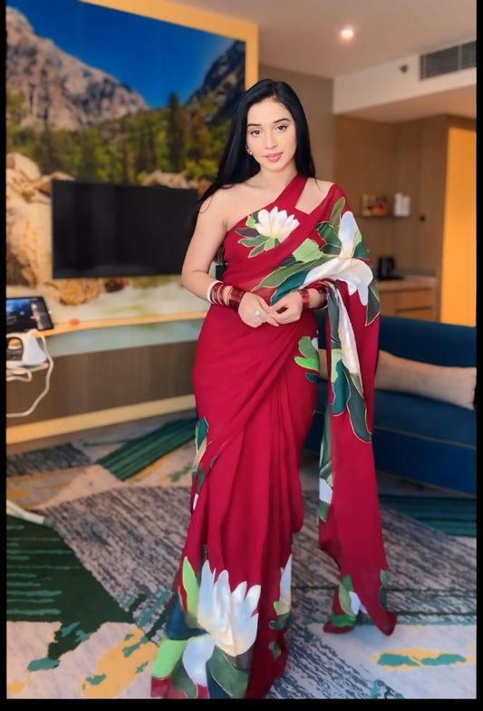 Beautiful Maroon Color Flowers Design Ready To Wear Saree