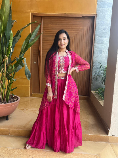Thread Work Pink Color Lehenga Choli With Bandhej Shrug