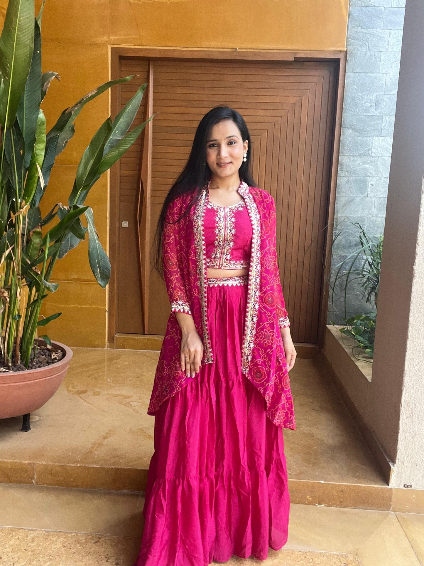 Thread Work Pink Color Lehenga Choli With Bandhej Shrug