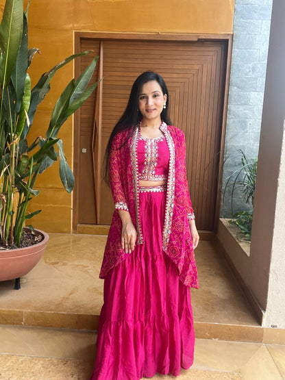 Thread Work Pink Color Lehenga Choli With Bandhej Shrug