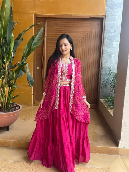 Thread Work Pink Color Lehenga Choli With Bandhej Shrug