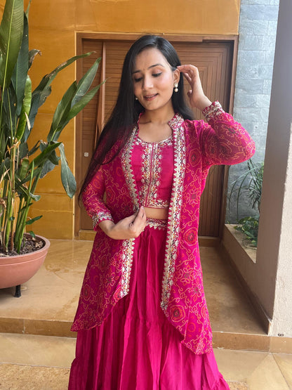 Thread Work Pink Color Lehenga Choli With Bandhej Shrug