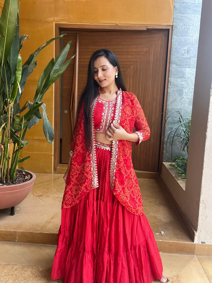 Thread Work Red Color Lehenga Choli With Bandhej Shrug